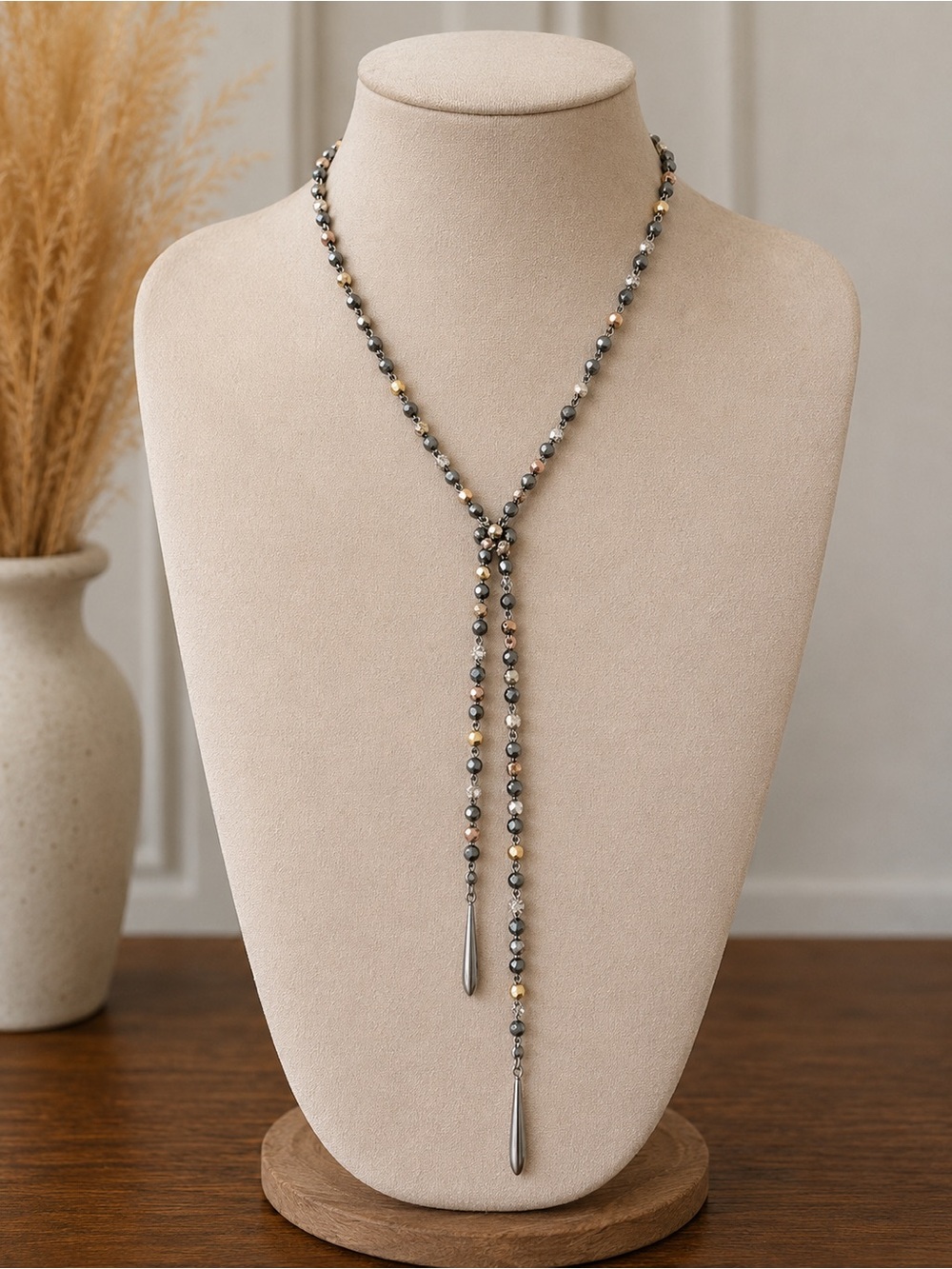Stella & Dot Gunmetal Lariat Necklace with Gold and Silver Beads